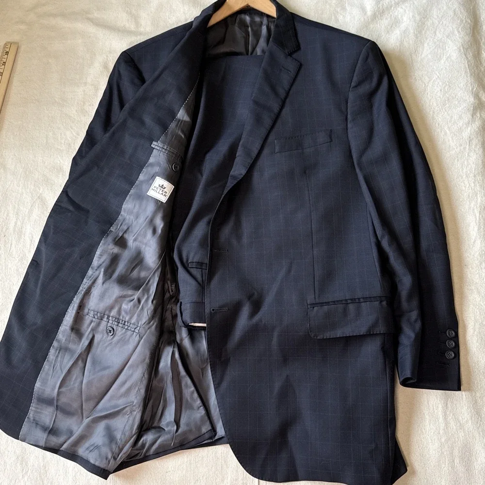 Peter Millar Crown Crafted Custom Men's Suit 44L Pants 40x31 Navy Wool Plaid